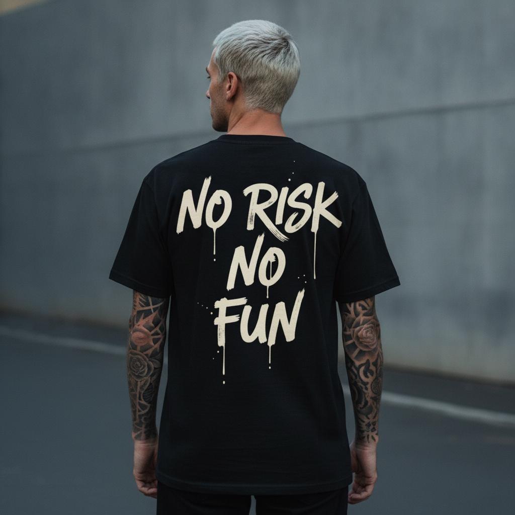 No Risk No Fun Shirt | Hand Lettered Graffiti Brush Back Print Tee | Streetwear Motivation Gift | Garment Dyed