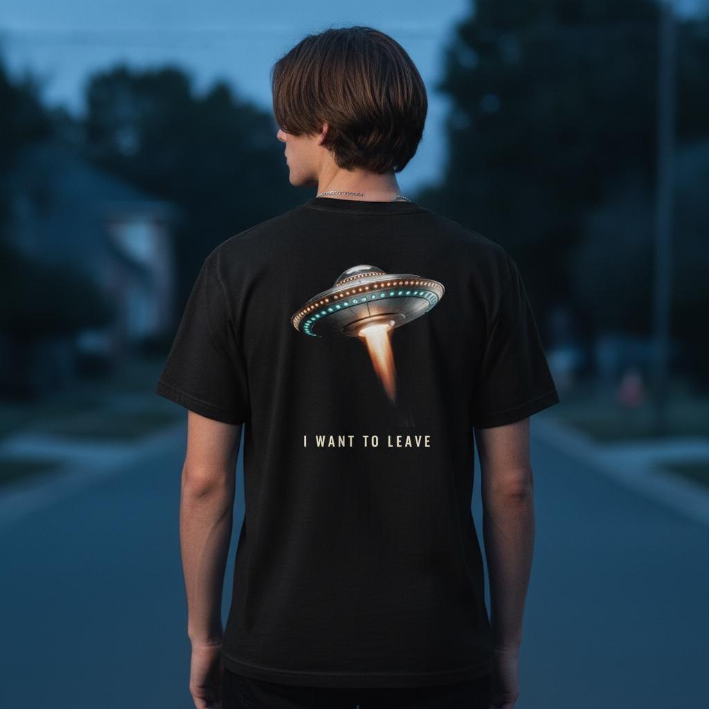 I Want To Leave Shirt | Funny Flying Saucer UFO Back Print Tee | Deadpan Alien Humor Gift | Garment Dyed