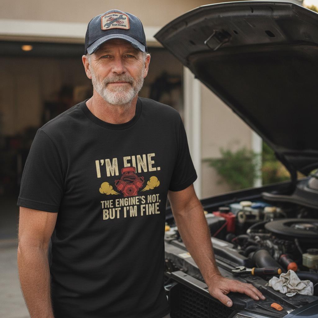 Funny Car T-Shirt | I'm Fine The Engine's Not But I'm Fine | Vintage Project Car Mechanic Tee | Car Guy Gift for Him