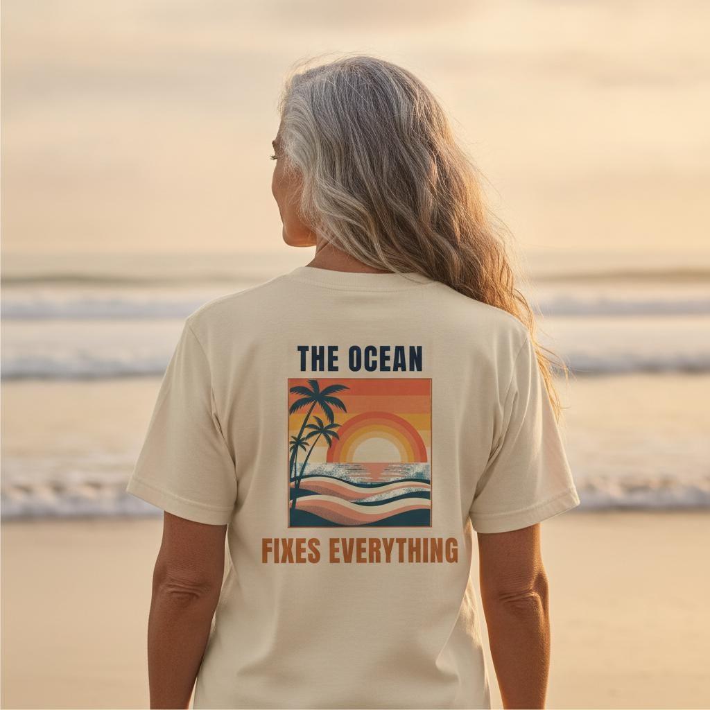 Ocean Lover Shirt | The Ocean Fixes Everything | Retro Sunset Palm Beach Tee | Coastal Vacation Gift | Garment Dyed