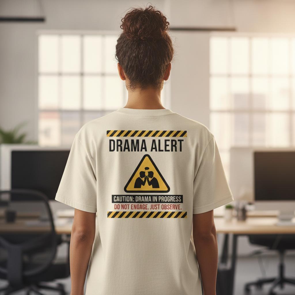 Funny Office T-Shirt — Drama Alert Caution Drama In Progress | Workplace Humor Coworker Gift Tee | Heavyweight Garment-Dyed Cotton
