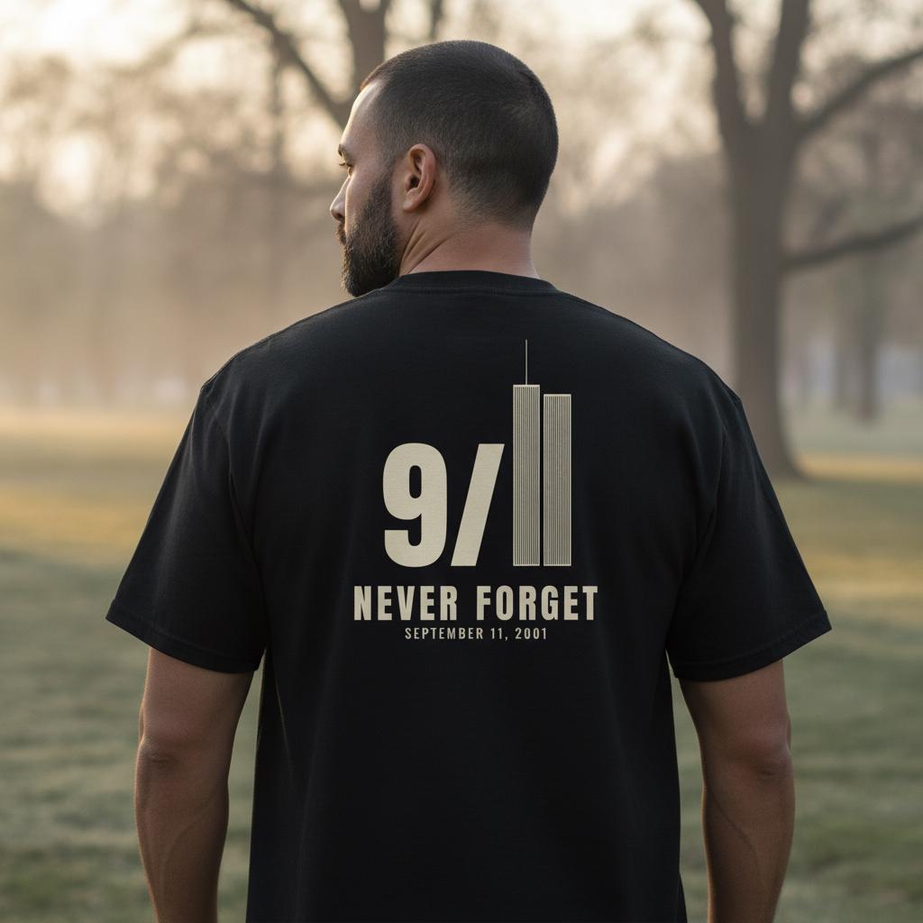 Never Forget 9/11 Shirt | Twin Towers Memorial Back Print Tee | September 11 Remembrance Gift | Garment Dyed