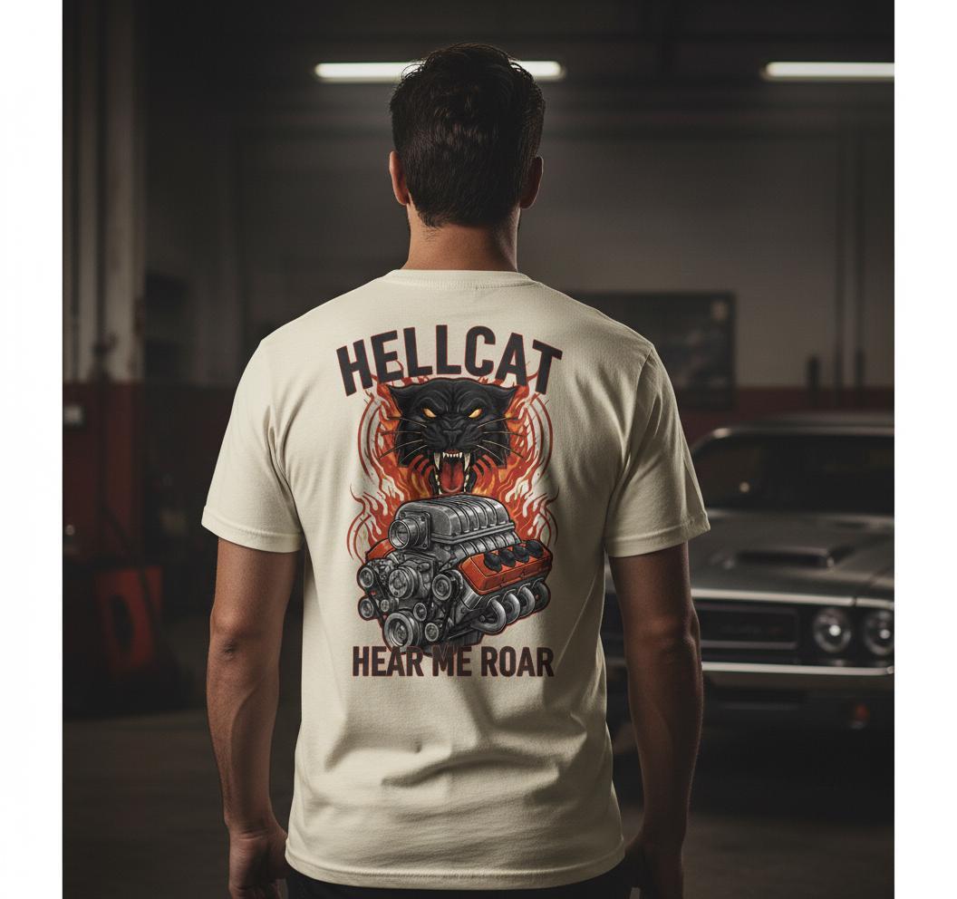 Supercharged Hellcat V8 Engine T-Shirt | Roaring Cat Muscle Car Tee