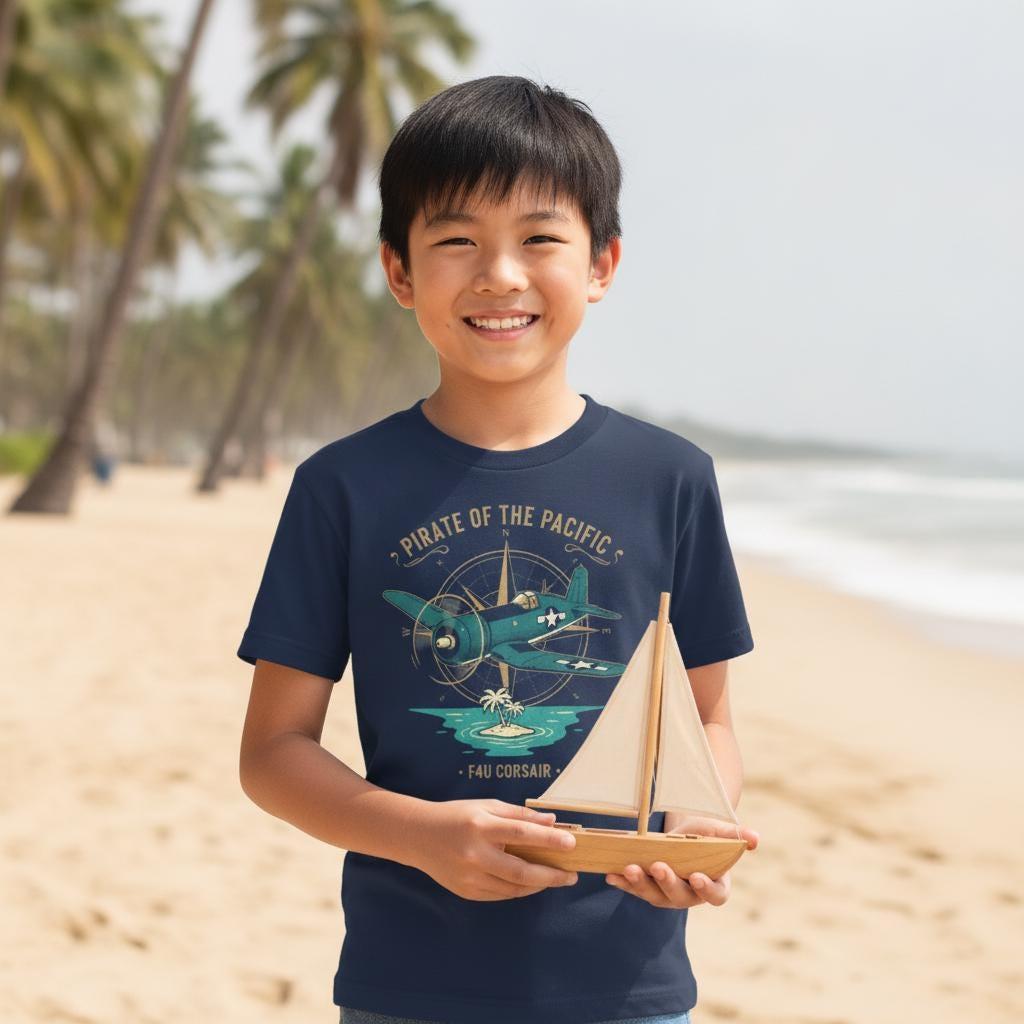 Pirate of the Pacific Kids T-Shirt | F4U Corsair Youth Tee | WWII Gull Wing Fighter Airplane Shirt | Warbird Aviation Gift for Boys & Girls