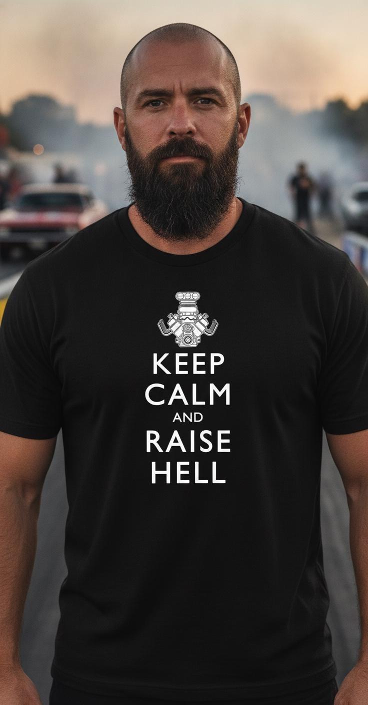 Keep Calm Raise Hell Blown V8 Muscle Car Tee | Hot Rod Rebel Shirt