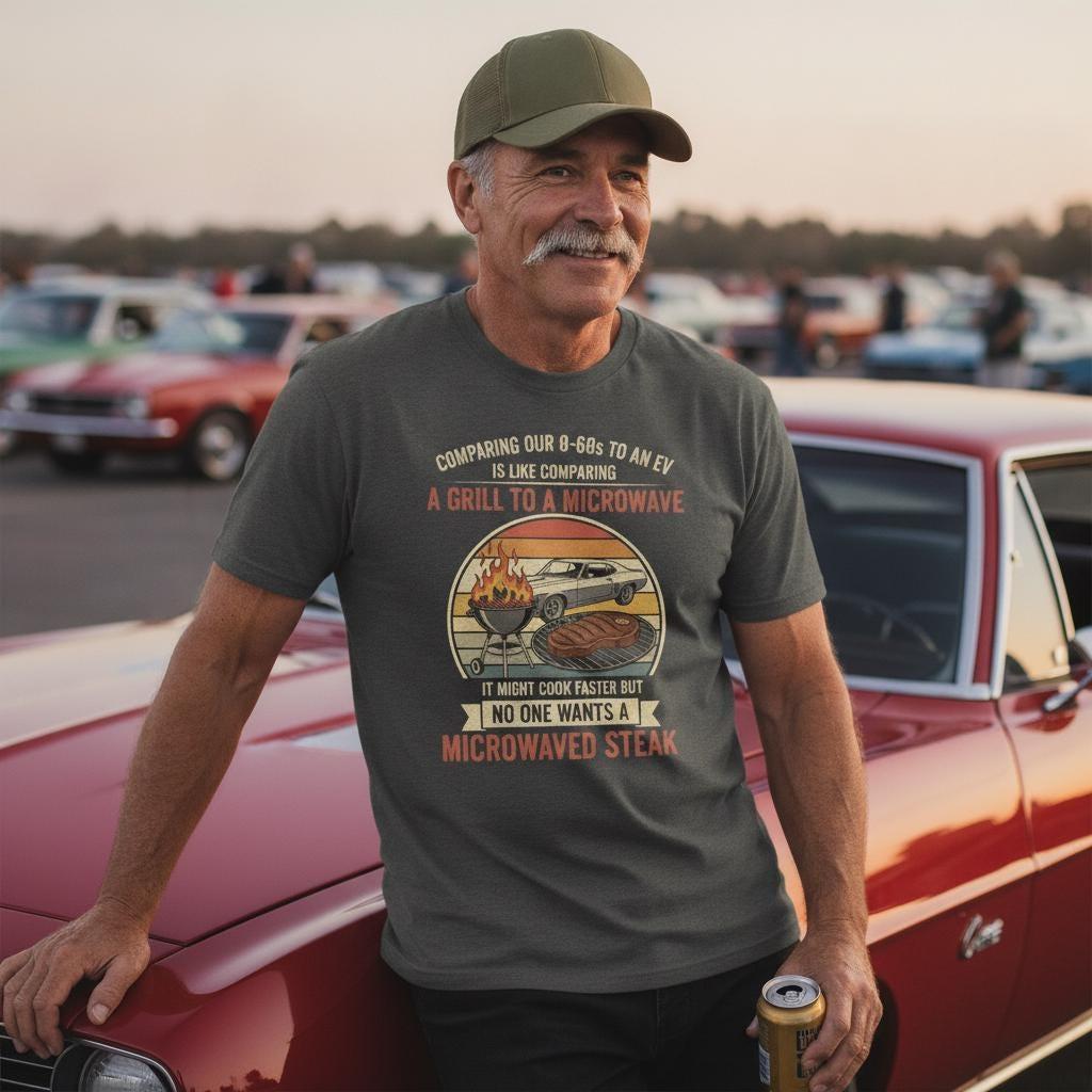 Muscle Car Grill vs Microwave T-Shirt | V8 BBQ Joke Tee | No Microwaved Steak Shirt