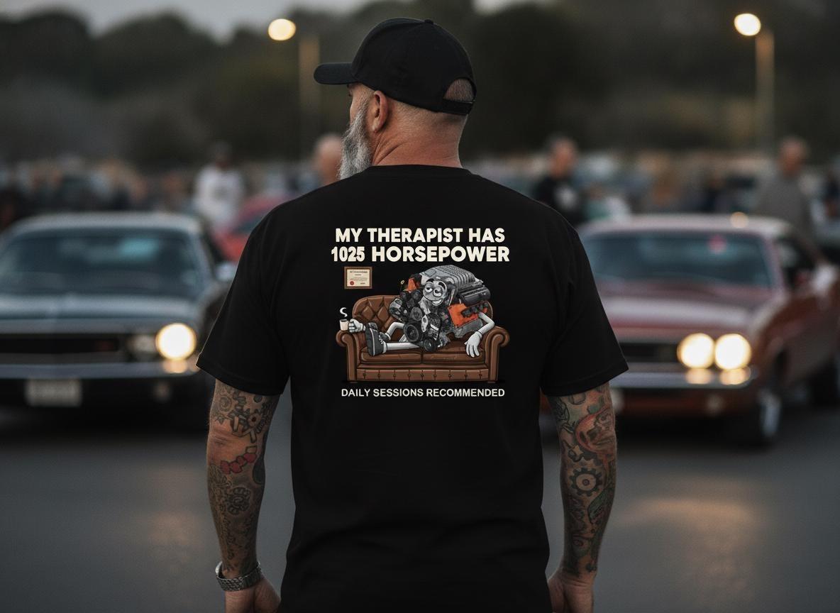Muscle Car T-Shirt, 1025 HP Supercharged Engine Therapy Graphic Tee