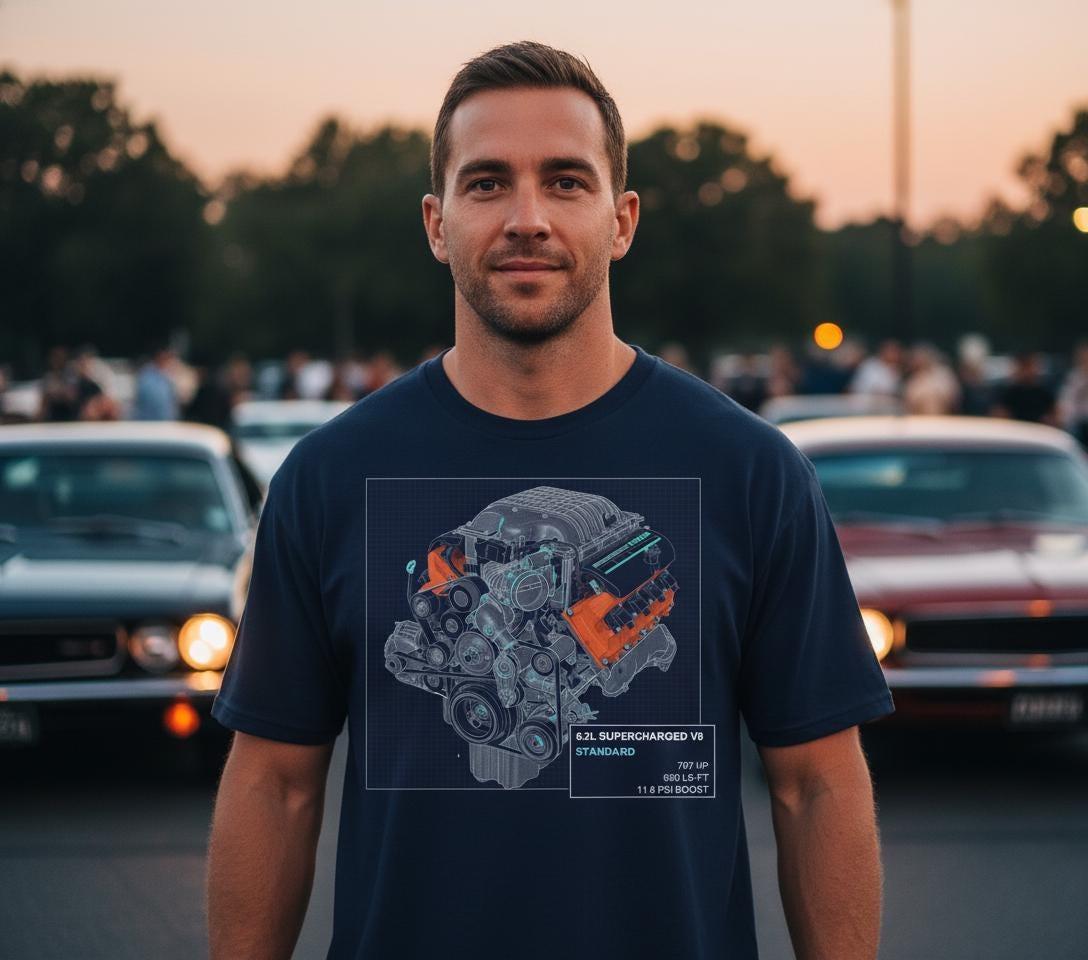 Supercharged 6.2L V8 Engine Blueprint T-Shirt, 707 HP Muscle Car Schematic Tee