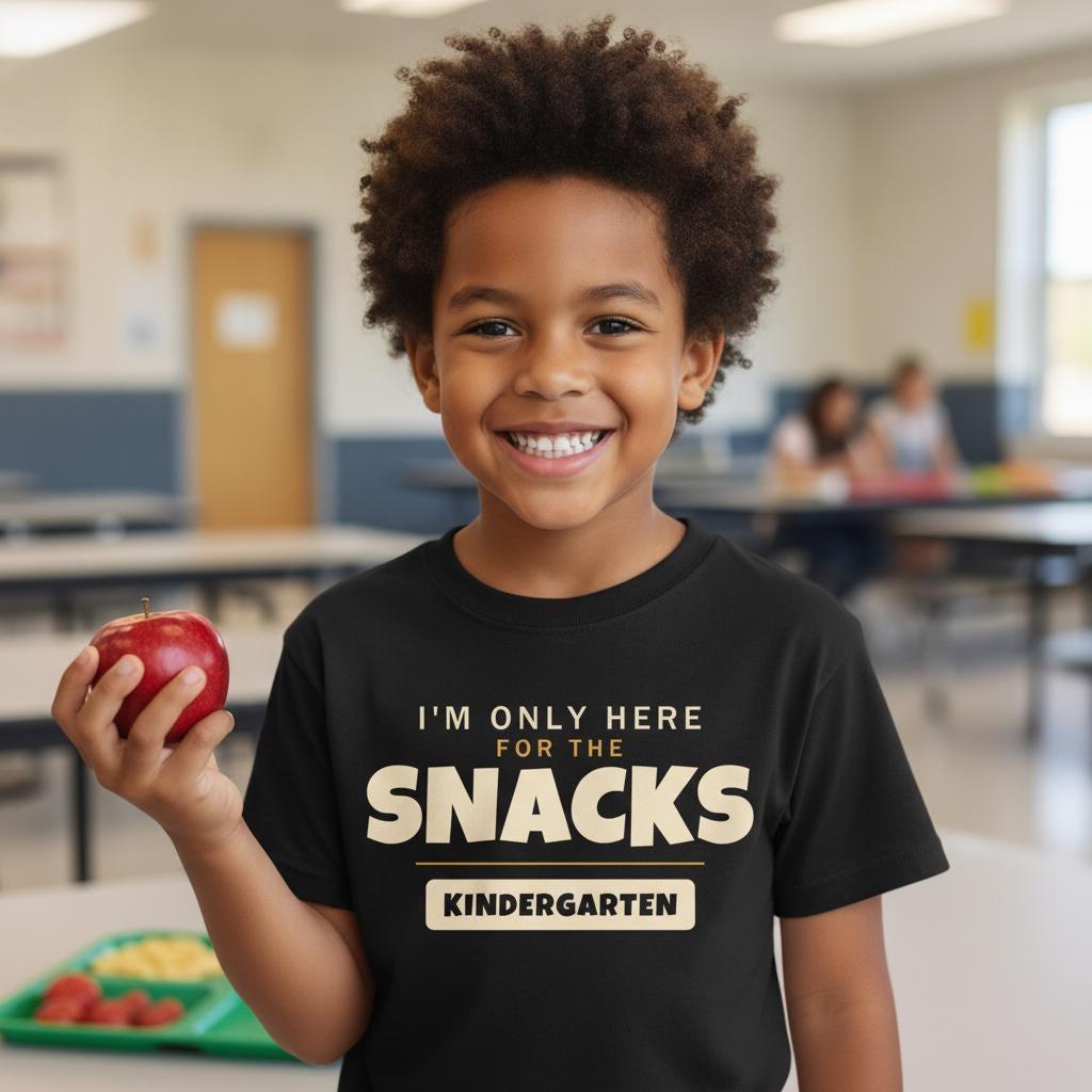 I'm Only Here For The Snacks Kindergarten Shirt | Funny Back to School Tee | First Day of School Kids Gift | Youth Humor T-Shirt