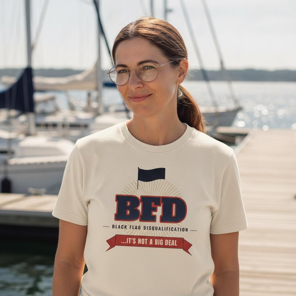 BFD Sailing Shirt | Funny Black Flag Disqualification Tee | Sailboat Racing Humor Gift | Vintage Garment Dyed Regatta Shirt