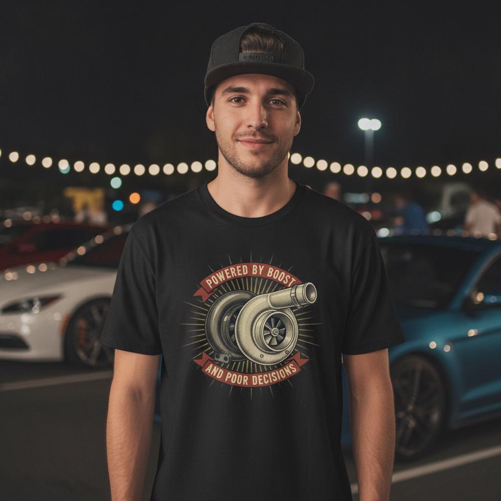 Funny Turbo T-Shirt | Powered by Boost, Poor Decisions | Vintage Tuner Tee