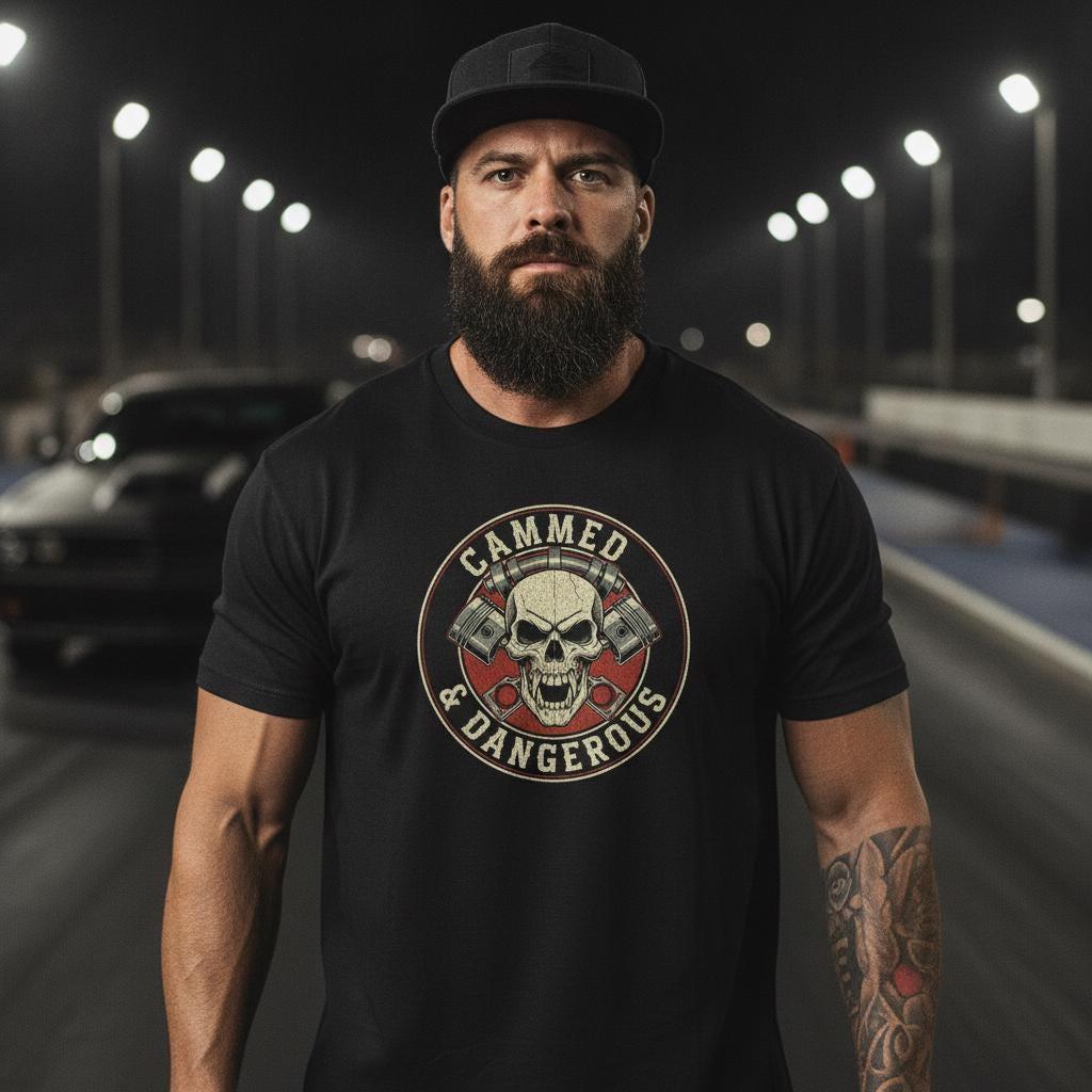 Cammed and Dangerous Muscle Car T-Shirt | Vintage Garment-Dyed Hot Rod Tee