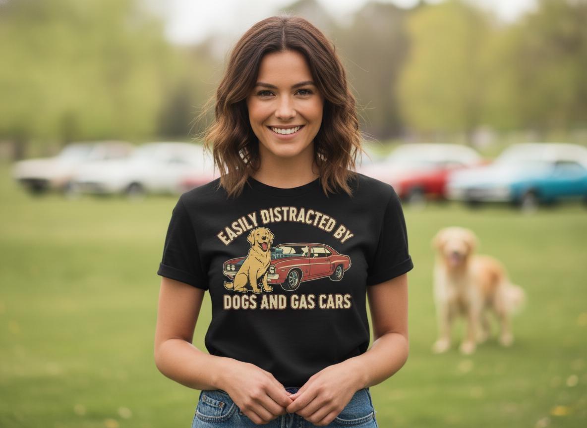 Dog and Muscle Car T-Shirt | Retro Golden Retriever, V8 Illustration Tee