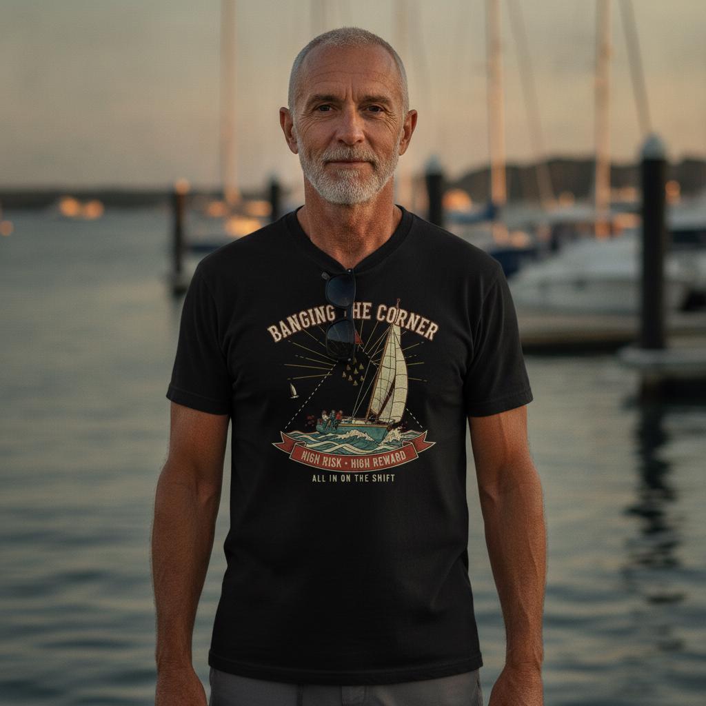 Banging The Corner Sailing Tee | Funny Sailboat Racing Shirt | High Risk High Reward Regatta Gift | Vintage Garment-Dyed Heavyweight