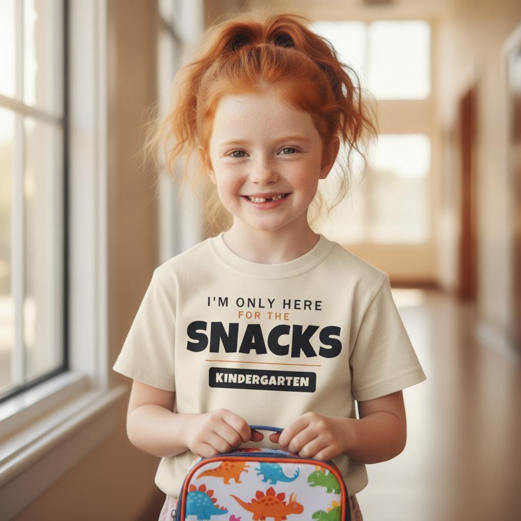 I'm Only Here For The Snacks Kindergarten Shirt | Funny Back to School Tee | First Day of School Kids Gift | Youth Humor T-Shirt