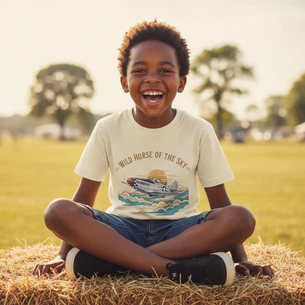 Wild Horse of the Sky Kids T-Shirt | P-51 Mustang Youth Tee | WWII Fighter Airplane Shirt | Warbird Aviation Gift for Boys & Girls