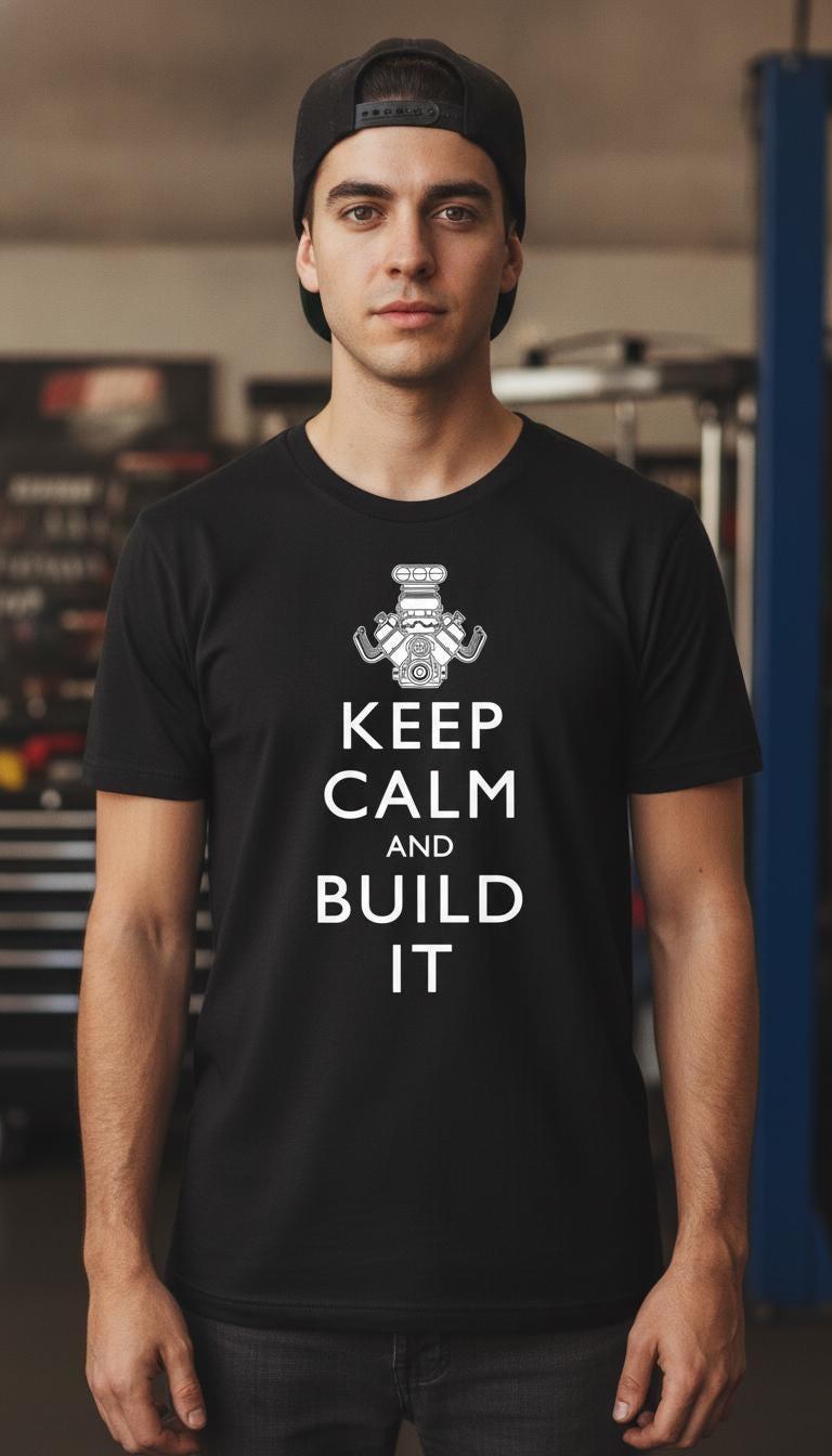 Keep Calm Build It T-Shirt | Supercharged V8 Engine Tee | Project Car Apparel
