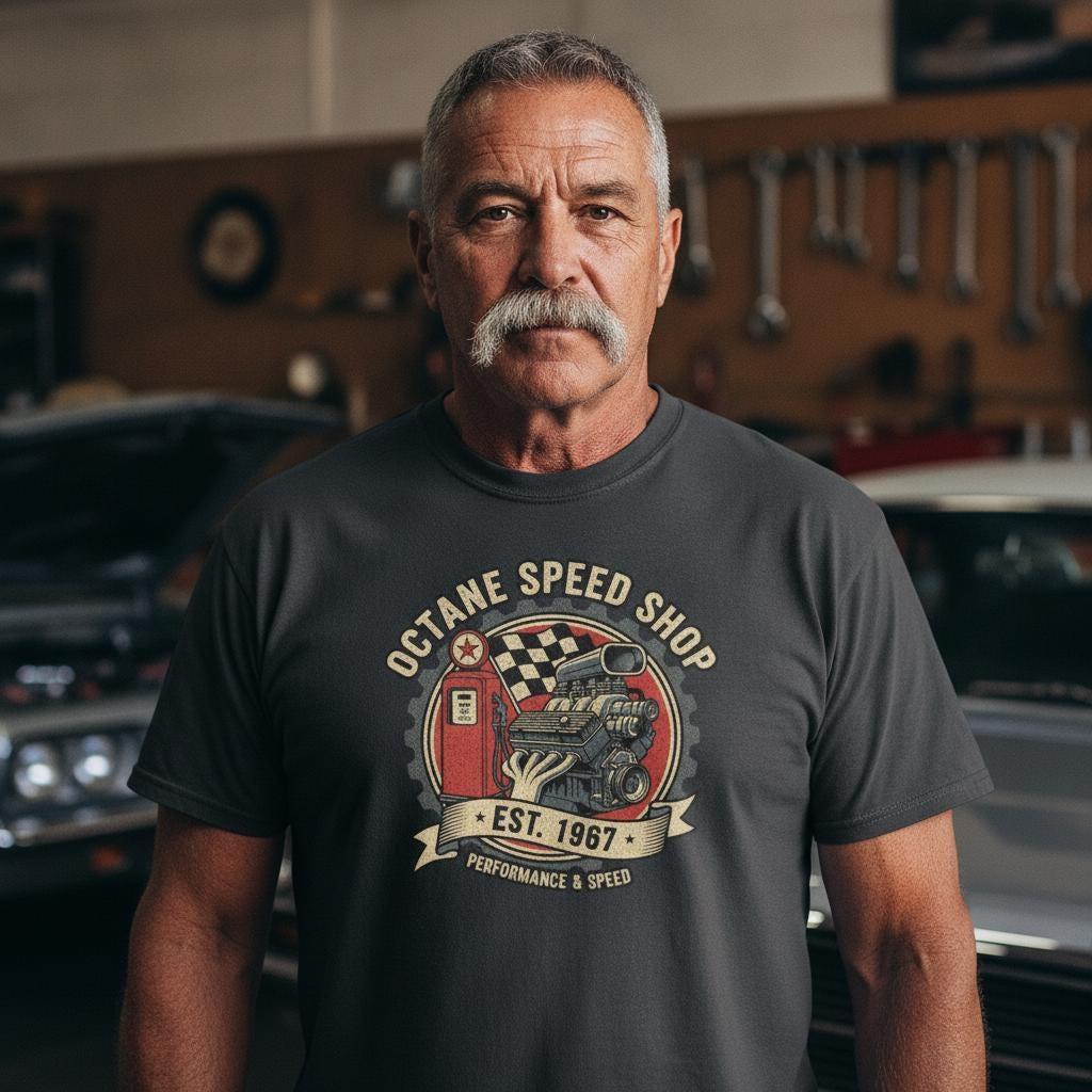 Octane Speed Shop T-Shirt | Vintage Hot Rod Garage Tee | Retro Muscle Car Mechanic Gift | Gearhead Dad Shirt | Garment-Dyed Car Tee