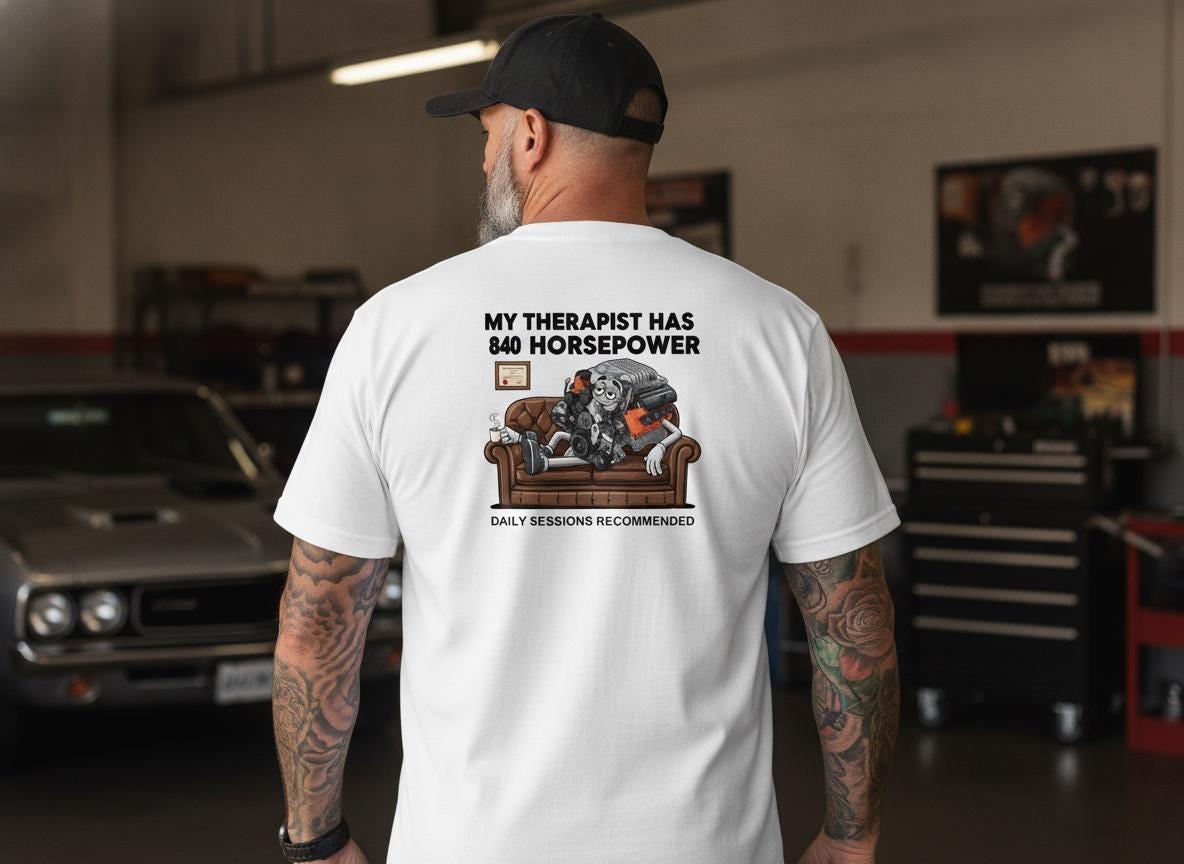 Muscle Car T-Shirt, 840 Horsepower V8 Therapy Tee, Gearhead Gift
