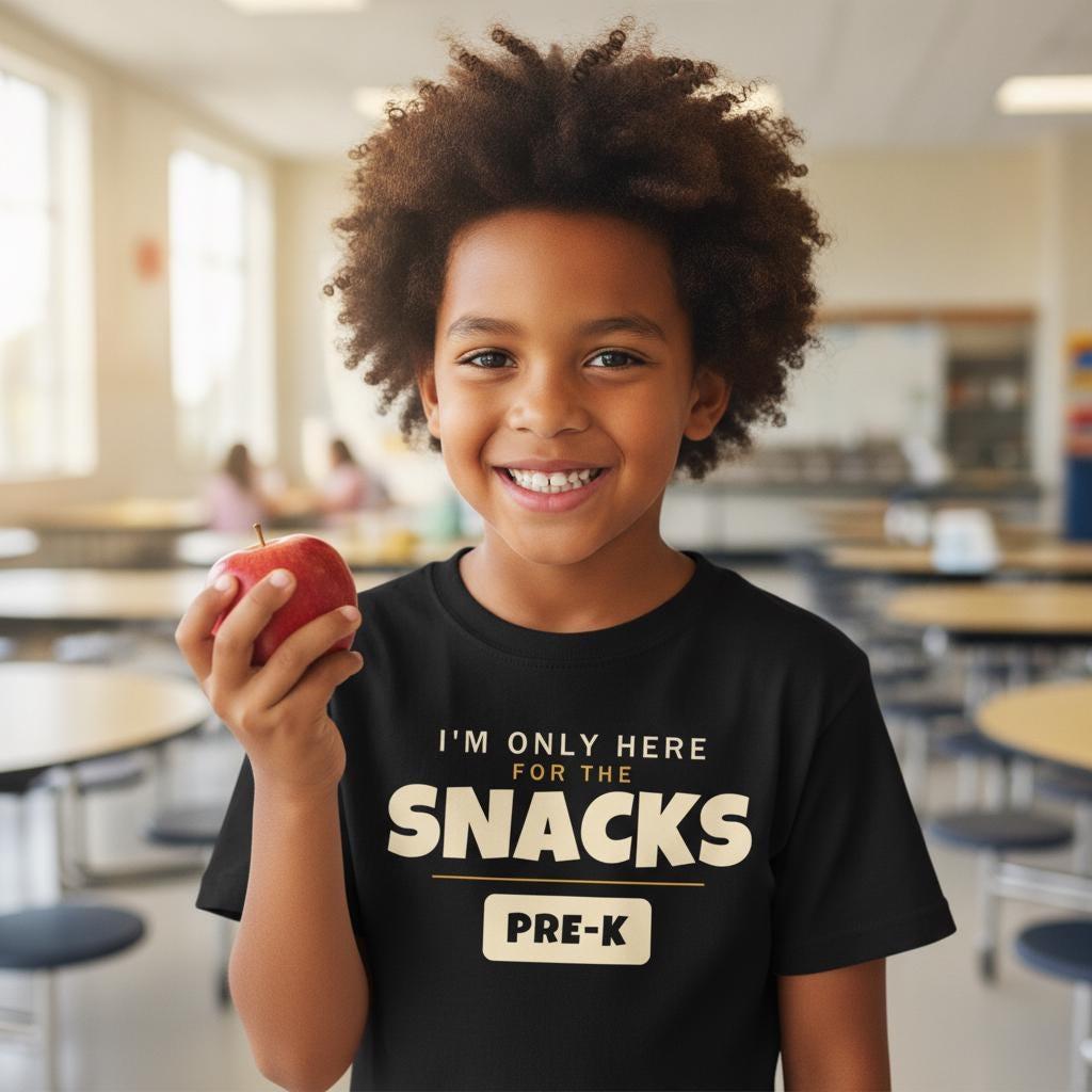 I'm Only Here For The Snacks Pre-K Shirt | Funny Back to School Tee | First Day of School Kids Gift | Youth Humor T-Shirt