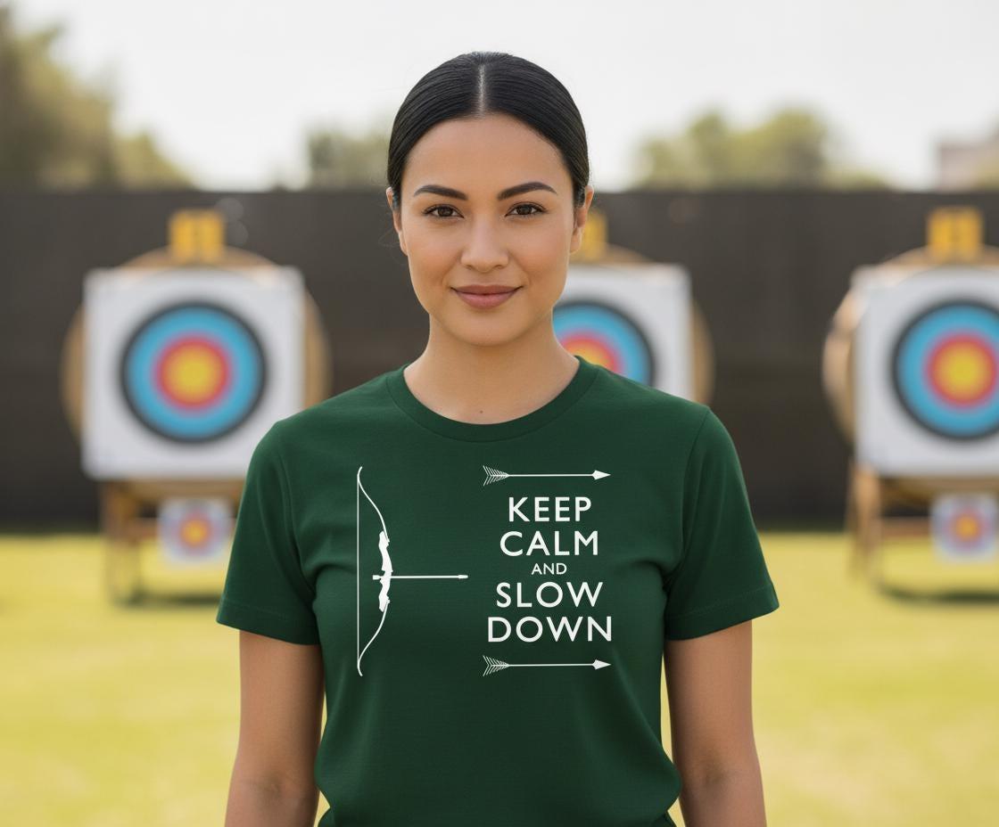 Keep Calm And Slow Down T-Shirt | Recurve Bow Archery Shirt | Olympic Target Archery Tee | Gift For Archers | Traditional Archery Lover Tee