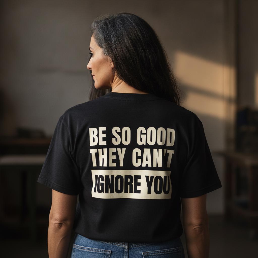 Be So Good They Can't Ignore You Shirt | Bold Typography Back Print Tee | Motivation Hustle Gift | Garment Dyed