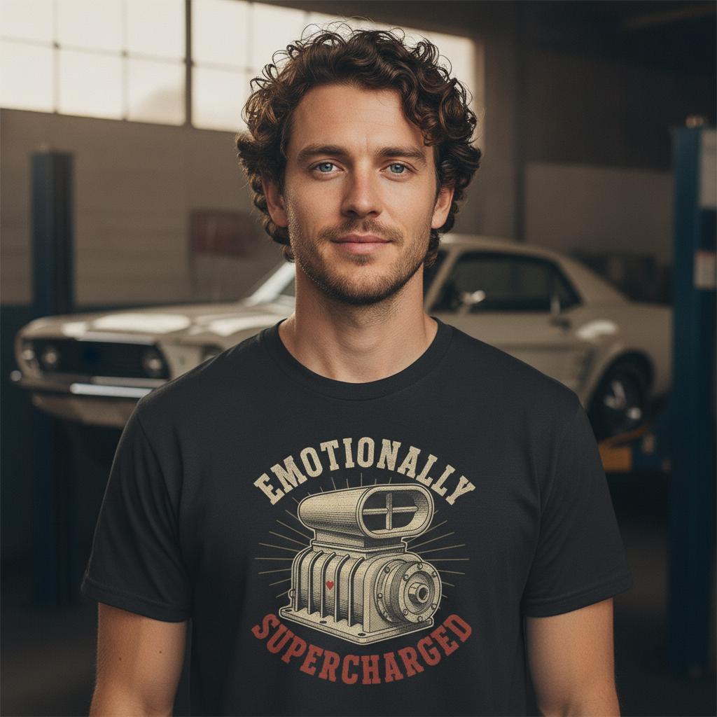 Emotionally Supercharged Blower Tee | Vintage Muscle Car Gearhead Shirt