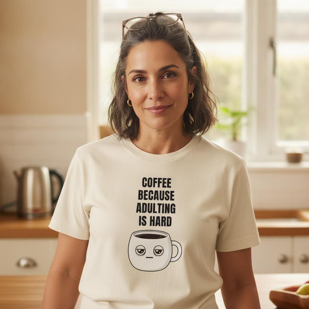 Funny Coffee Shirt | Coffee Because Adulting Is Hard | Cute Tired Mug Tee | Caffeine Lover Gift | Garment Dyed