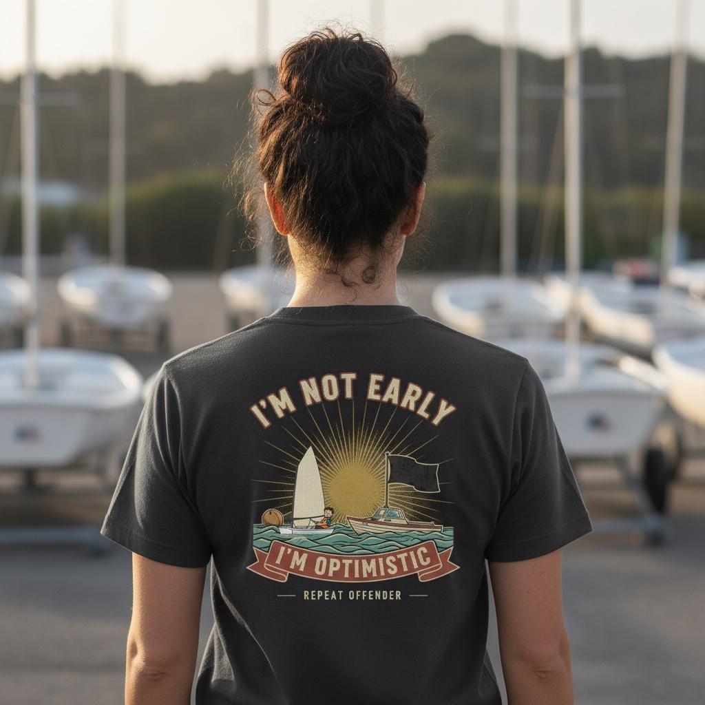 I'm Not Early I'm Optimistic Shirt | Funny Optimist Sailing Tee | Black Flag Opti Racing Gift | Vintage Garment Dyed Sailor Shirt