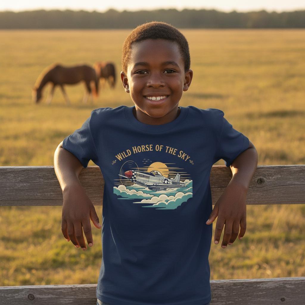 Wild Horse of the Sky Kids T-Shirt | P-51 Mustang Youth Tee | WWII Fighter Airplane Shirt | Warbird Aviation Gift for Boys & Girls