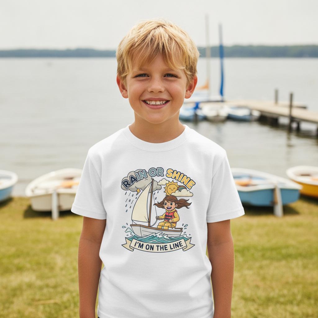 Rain or Shine Youth Sailing T-Shirt, Optimist Dinghy Sailor Gift, Garment-Dyed Heavyweight Cotton Tee for Kids Regatta Team