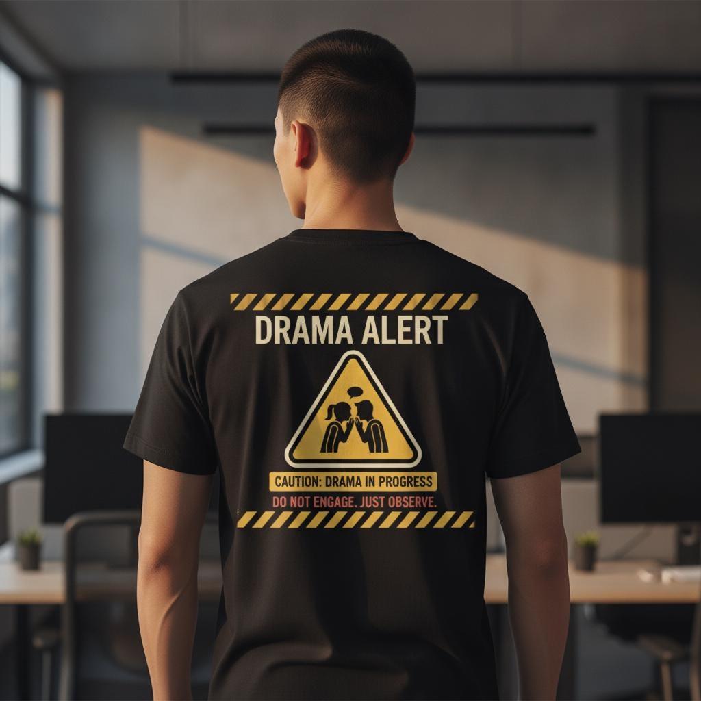 Funny Office T-Shirt — Drama Alert Caution Drama In Progress | Workplace Humor Coworker Gift Tee | Heavyweight Garment-Dyed Cotton