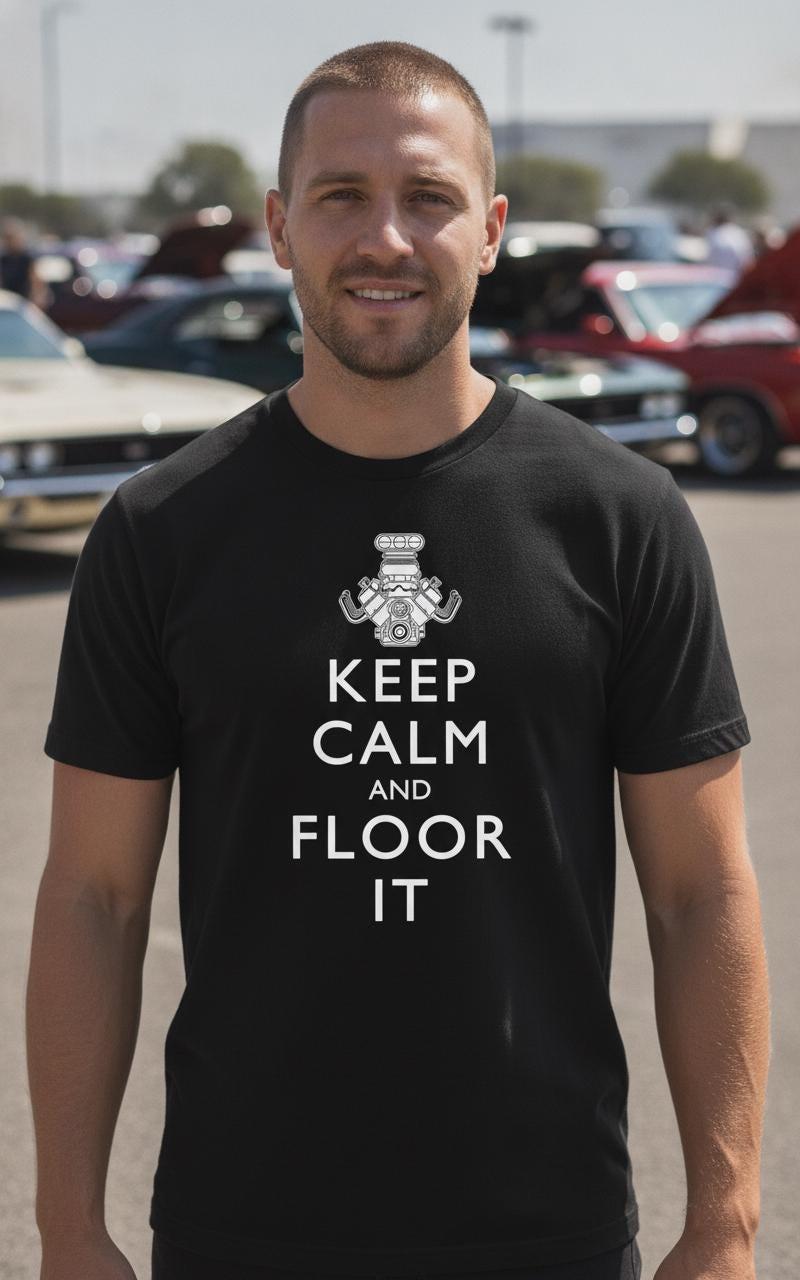 Keep Calm Floor It Muscle Car T-Shirt | Supercharged V8 Engine Tee