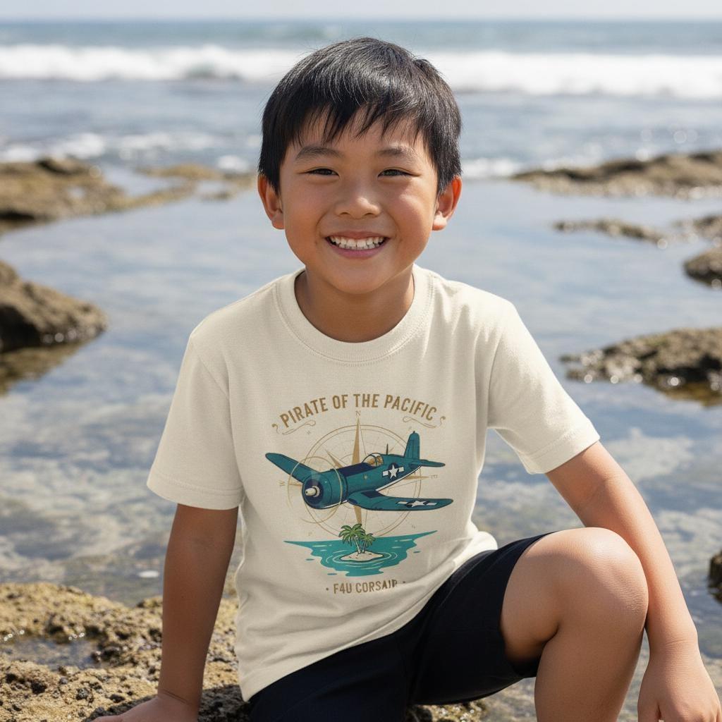 Pirate of the Pacific Kids T-Shirt | F4U Corsair Youth Tee | WWII Gull Wing Fighter Airplane Shirt | Warbird Aviation Gift for Boys & Girls