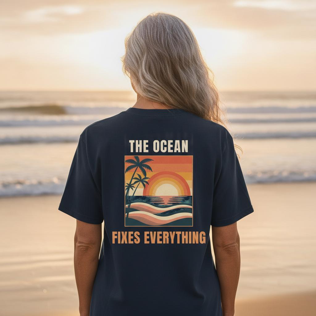 Ocean Lover Shirt | The Ocean Fixes Everything | Retro Sunset Palm Beach Tee | Coastal Vacation Gift | Garment Dyed