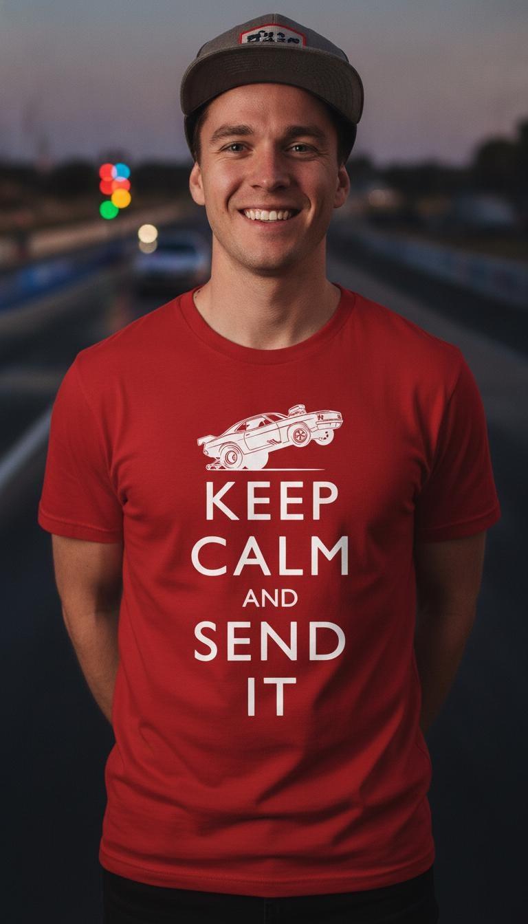 Keep Calm Send It Drag Racing T-Shirt | Muscle Car Wheelie Tee