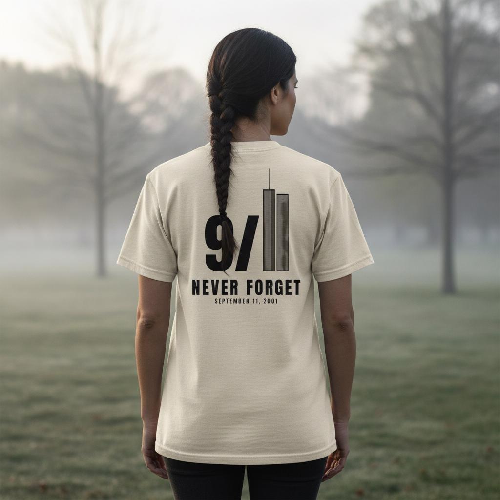 Never Forget 9/11 Shirt | Twin Towers Memorial Back Print Tee | September 11 Remembrance Gift | Garment Dyed