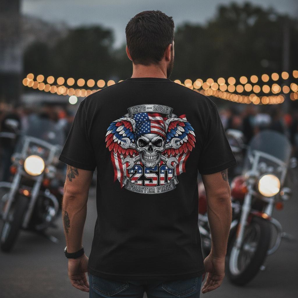 Patriotic Skull T-Shirt | USA 250th Anniversary Biker Tee | American Flag Wings (1776-2026)