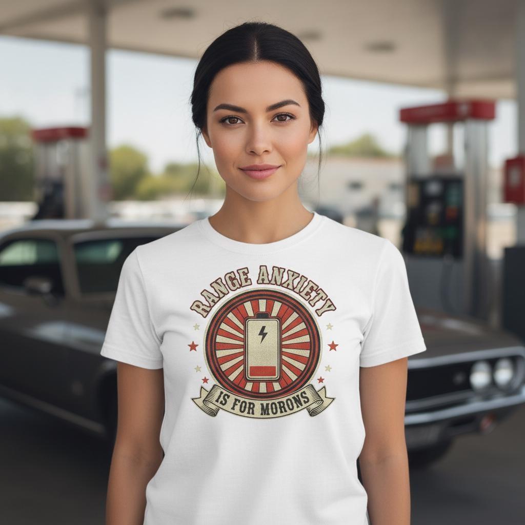 Range Anxiety Is For Morons Tee | Funny Anti Electric Car Shirt | Gift For Gearheads