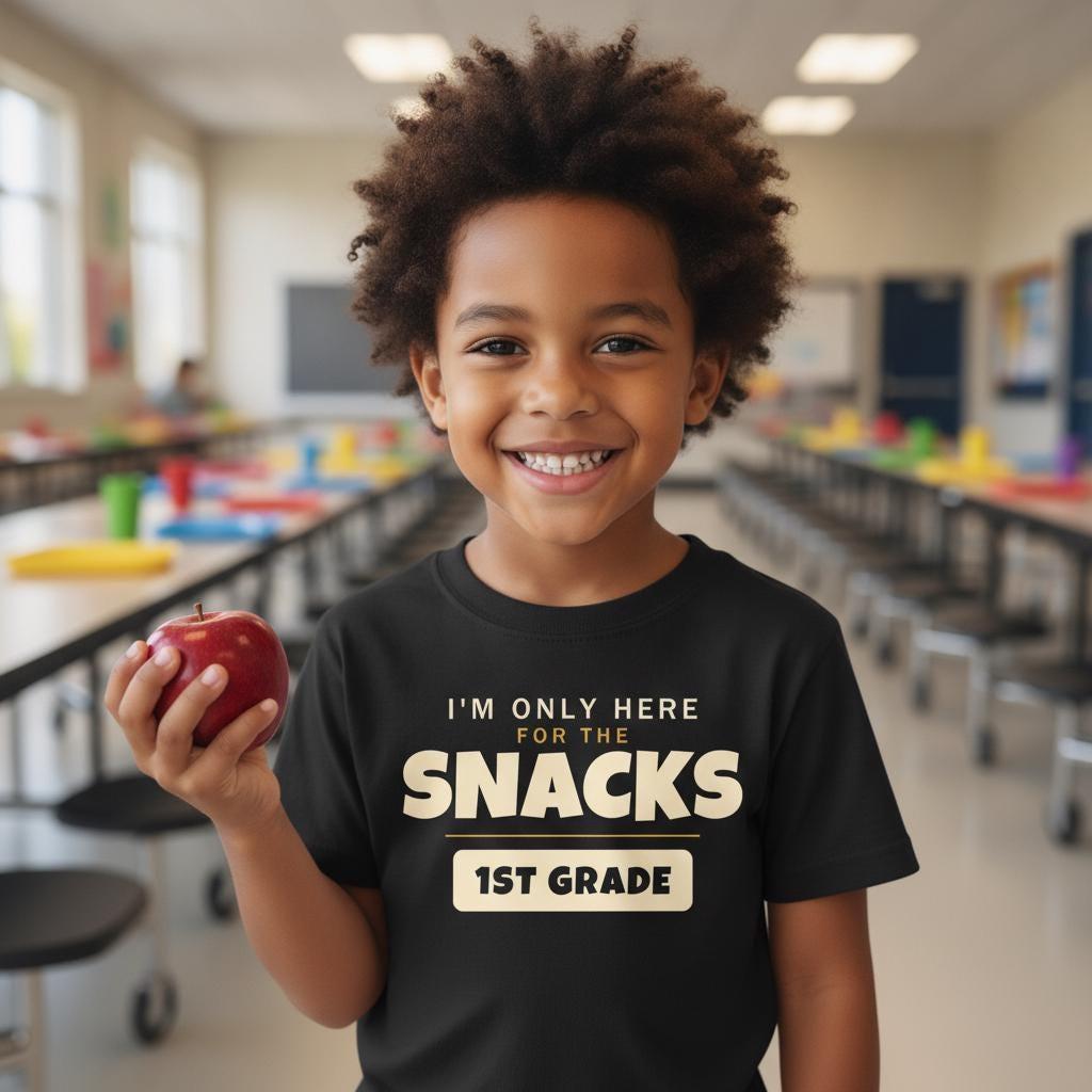 I'm Only Here For The Snacks 1st Grade Shirt | Funny Back to School Tee | First Day of School Kids Gift | Youth Humor T-Shirt