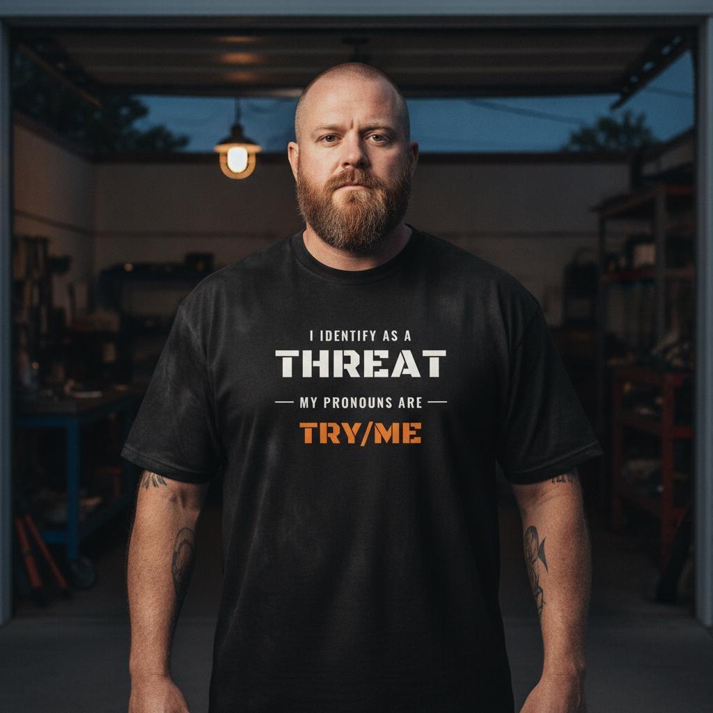 I Identify As A Threat Shirt | My Pronouns Are Try Me | Funny Sarcastic Tactical Tee | Gift For Him | Garment Dyed