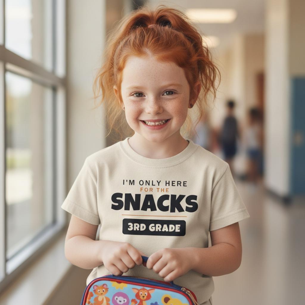 I'm Only Here For The Snacks 3rd Grade Shirt | Funny Back to School Tee | First Day of School Kids Gift | Youth Humor T-Shirt