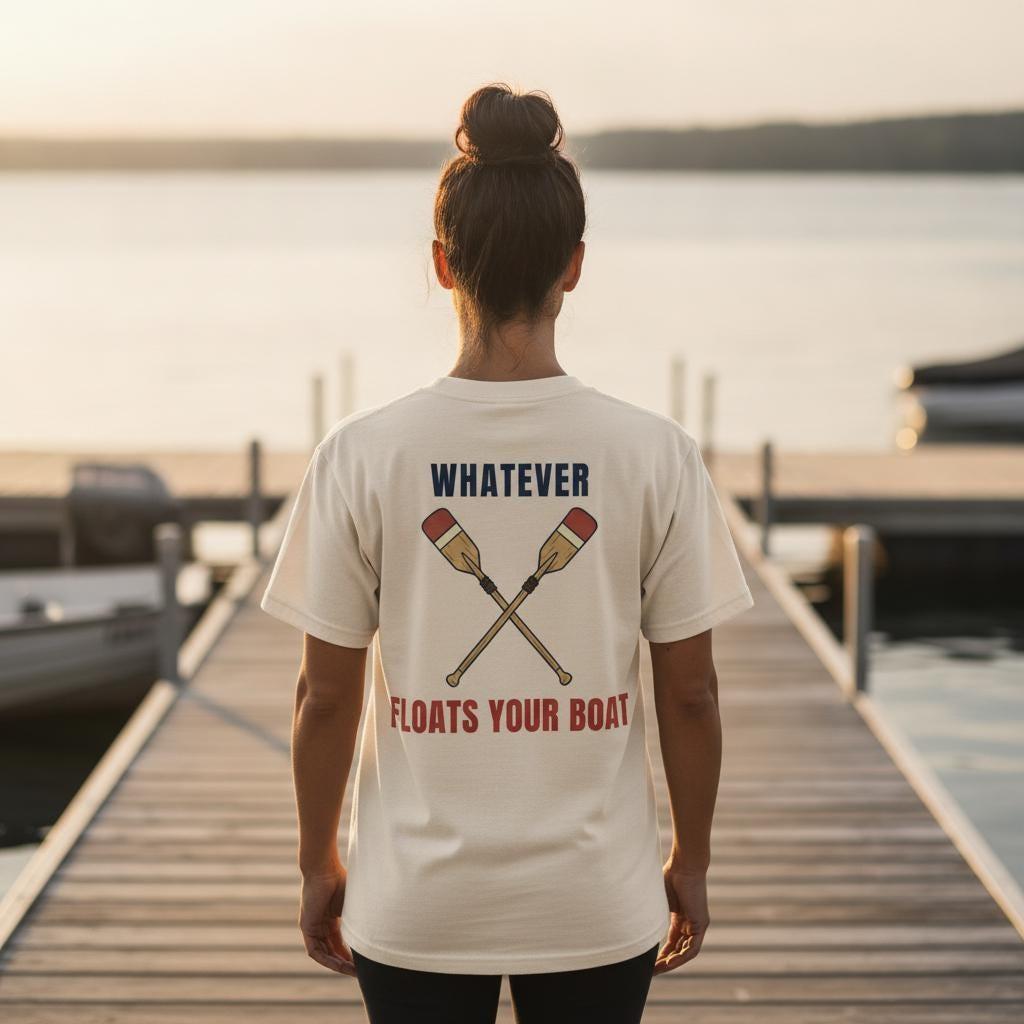 Whatever Floats Your Boat Shirt | Crossed Oars Nautical Back Print Tee | Rowing Boating Gift | Garment Dyed