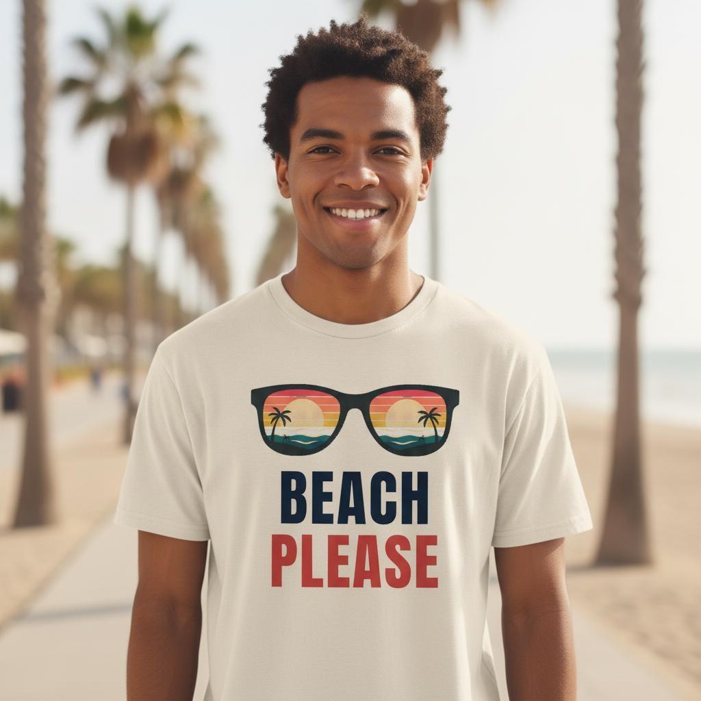 Beach Please Shirt | Funny Retro Sunglasses Back Print Tee | Summer Vacation Beach Gift | Garment Dyed