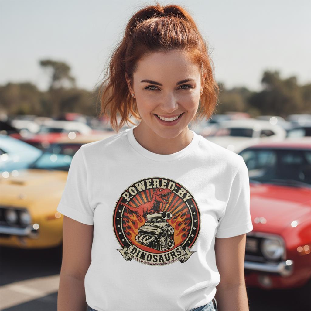 Powered By Dinosaurs Tee | Funny Gasoline V8 Muscle Car Shirt | Gift For Gearheads