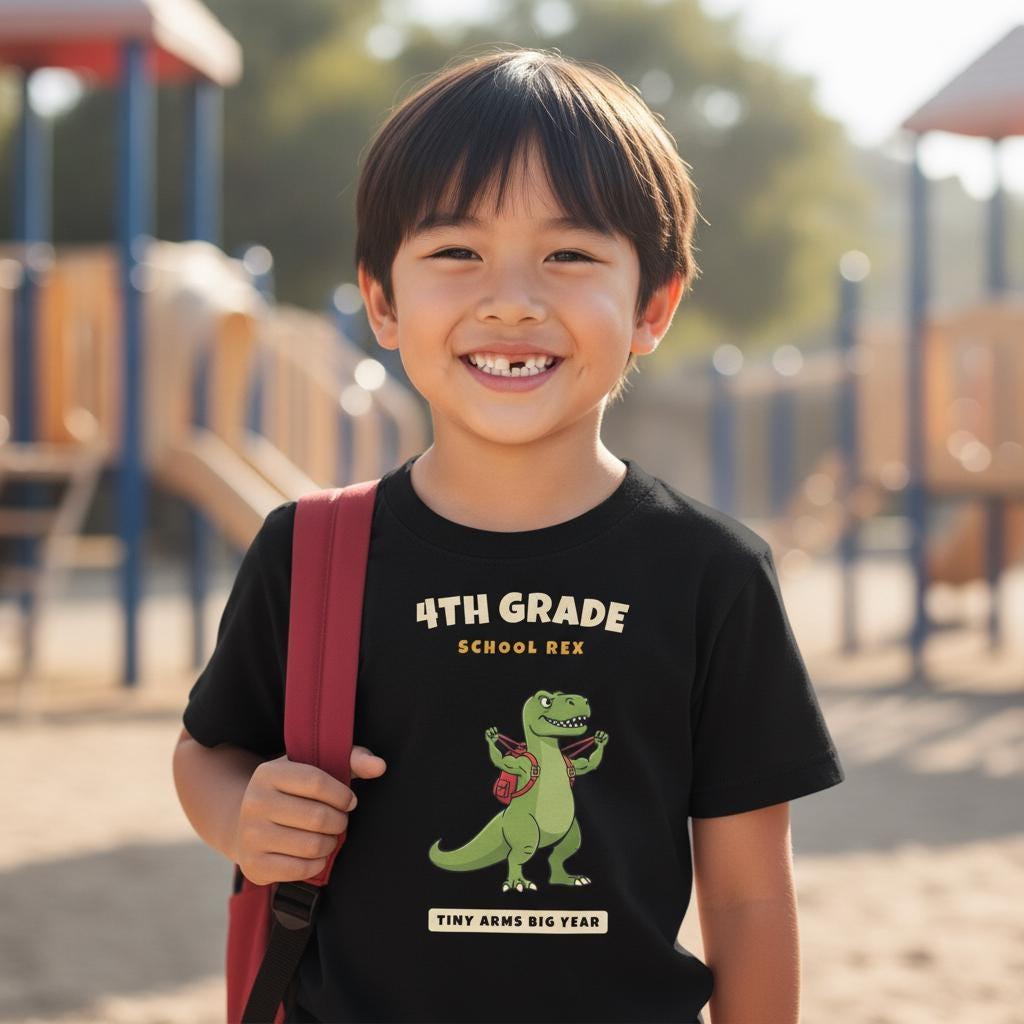 4th Grade Dinosaur Shirt | Funny T-Rex Tiny Arms Back to School Tee | First Day of School Kids Gift | Youth T-Shirt