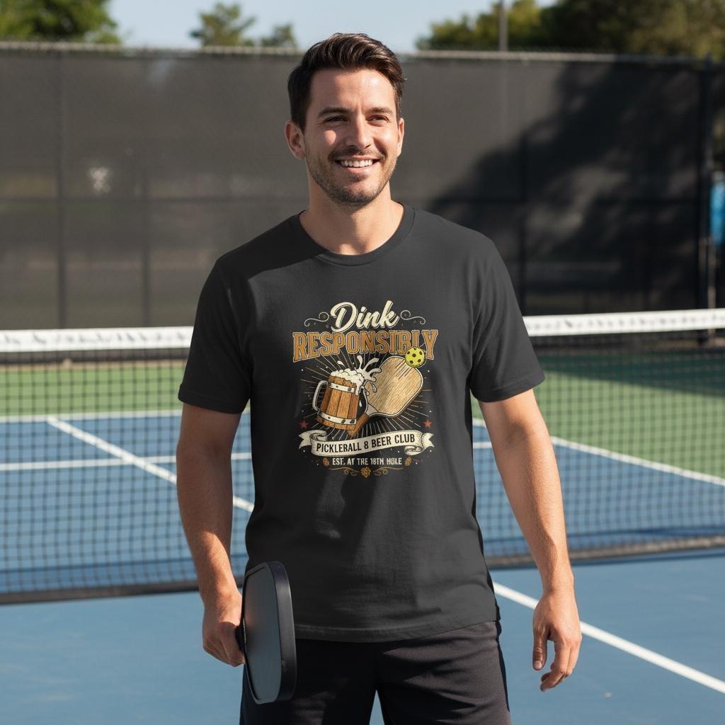 Dink Responsibly T-Shirt | Funny Pickleball Beer Tee | Pickleball Drinking Humor | Dark Color Heavyweight Cotton