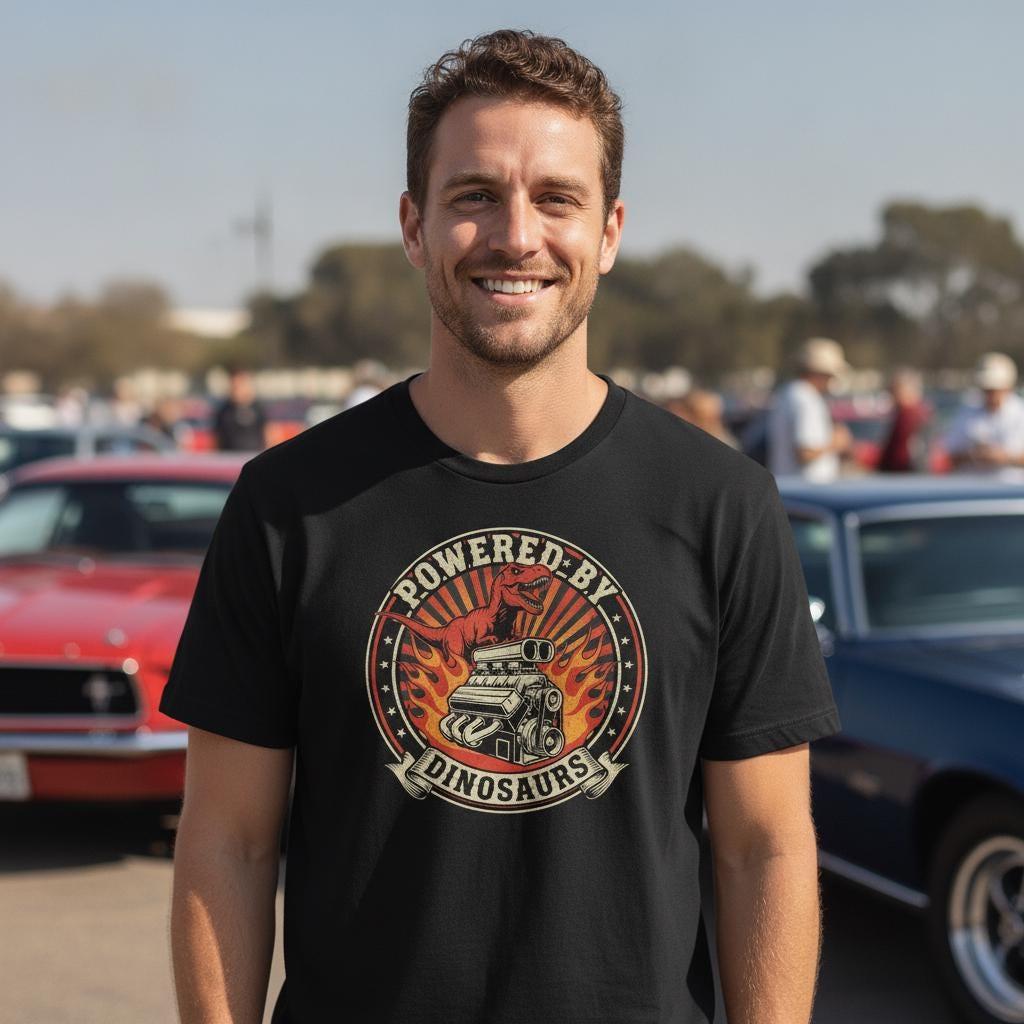 Powered By Dinosaurs T-Rex V8 Engine Tee | Vintage Muscle Car Shirt