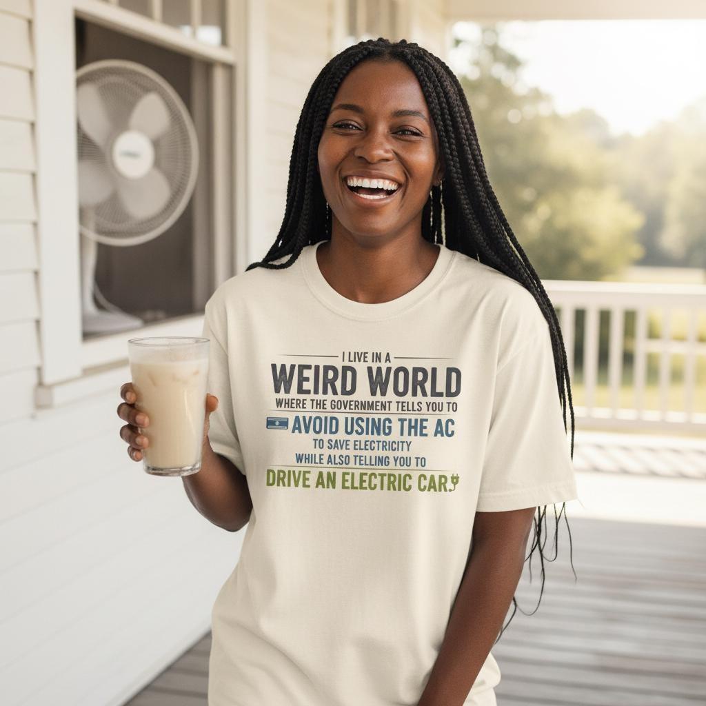 Weird World AC vs Electric Car Shirt | Government Irony Tee, Sarcastic Political Humor