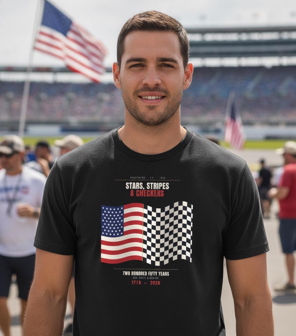 Stars Stripes and Checkers Shirt | American Racing Flag Tee | Checkered Flag USA Motorsport | America 250 Gift